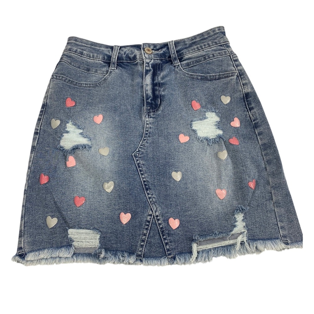 Women Denim Skirt Sz Small 26" W Medium Wash Denim Hearts Distress Raw Hem Girly
